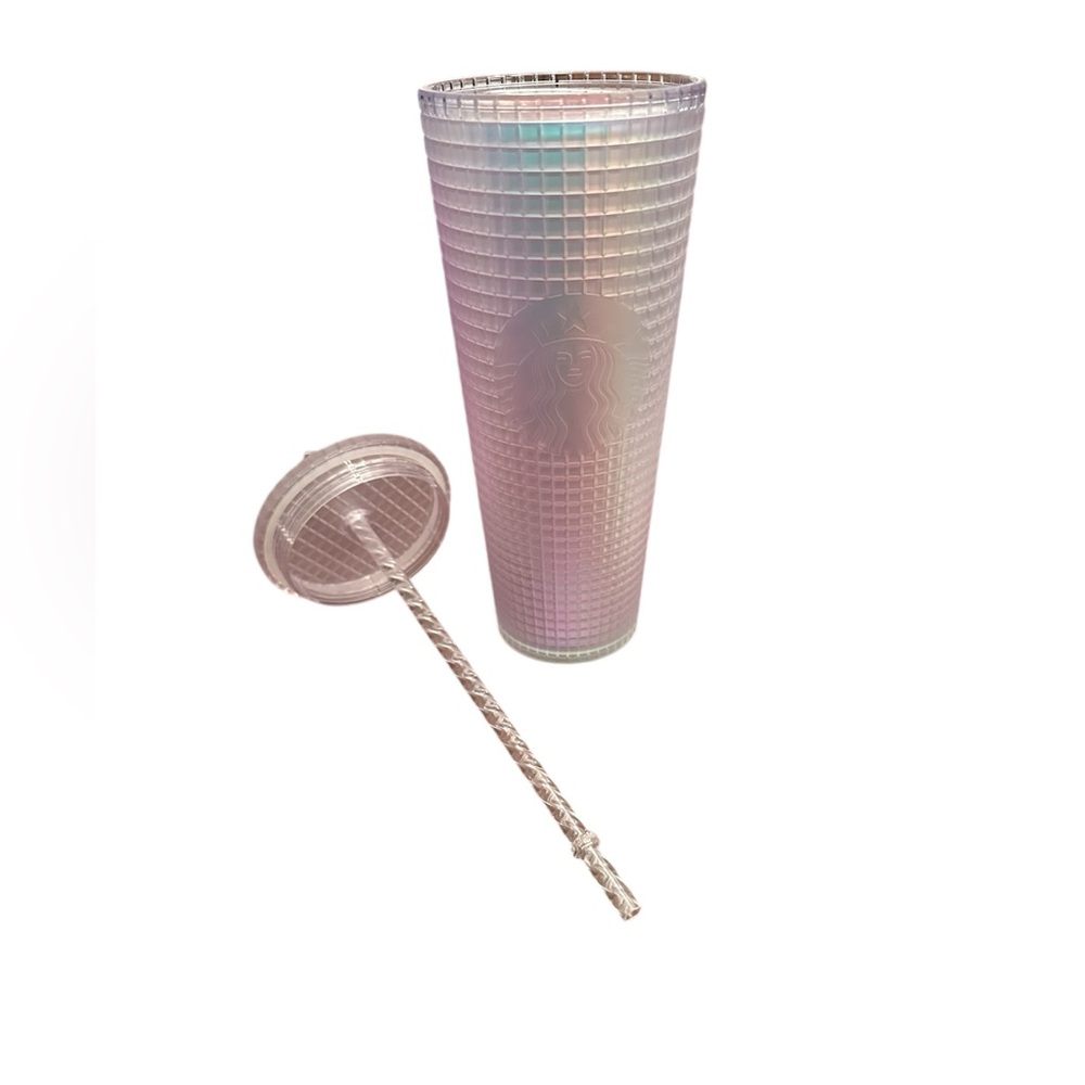 2022 STARBUCKS White Frosted Iridescent Grid Soft Touch Venti 24 oz Tumbler EUC!